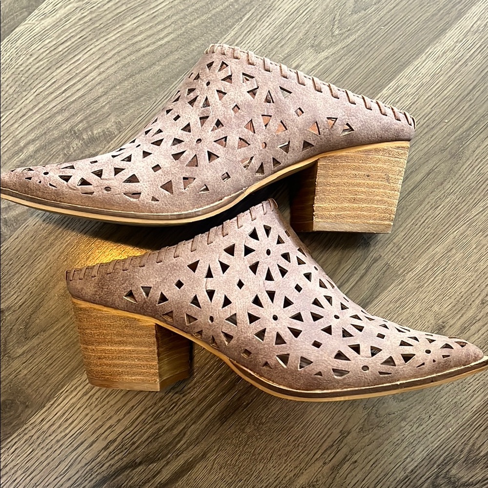 Mi.iM Tan Mules with Laser-Cut Design and Wooden Heel